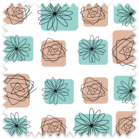 The artwork consists of a repeating pattern of floral and geometric designs arranged in a grid format. The design alternates between two types of motifs: one featuring a black, abstract, flower-like shape with rounded petals, and the other a black, angular, spiral shape resembling a loosely drawn square spiral. Each motif is centered within rounded rectangles filled with two alternating pastel colors: beige and light teal. The overall composition creates a balanced and harmonious visual rhythm through the repetition and contrast of shapes and colors.
